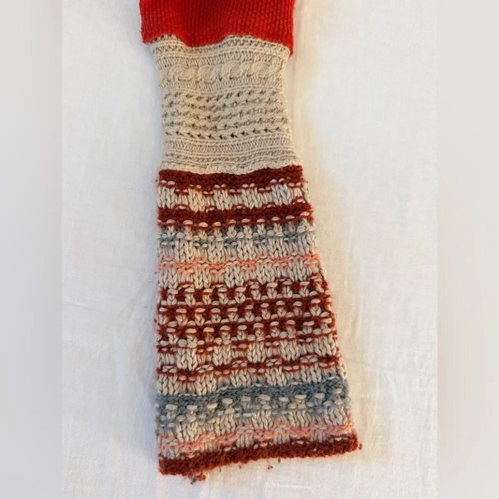 Free People Orange Red Thermal Ribbed Top Boho Contrast Knit Sleeve Henley LS M